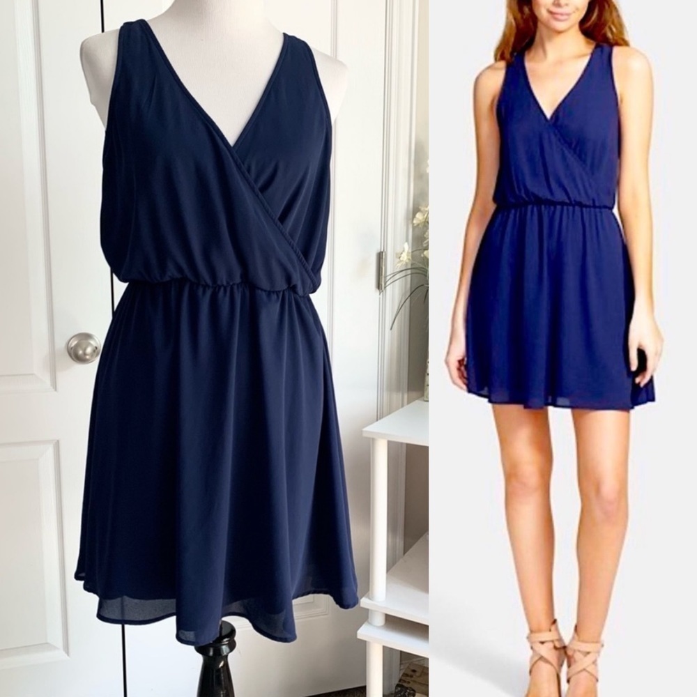 Lush Navy Blue Chiffon Mini Dress Womens Large V-Neck Sleeveless Cocktail Skater